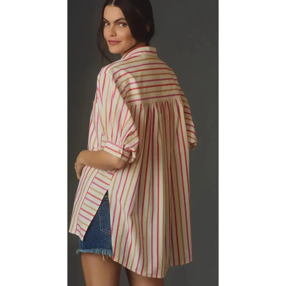 Pilcro Oversized Pink 100% Cotton Painter Striped Buttondown Shirt Medium - Picture 2 of 7